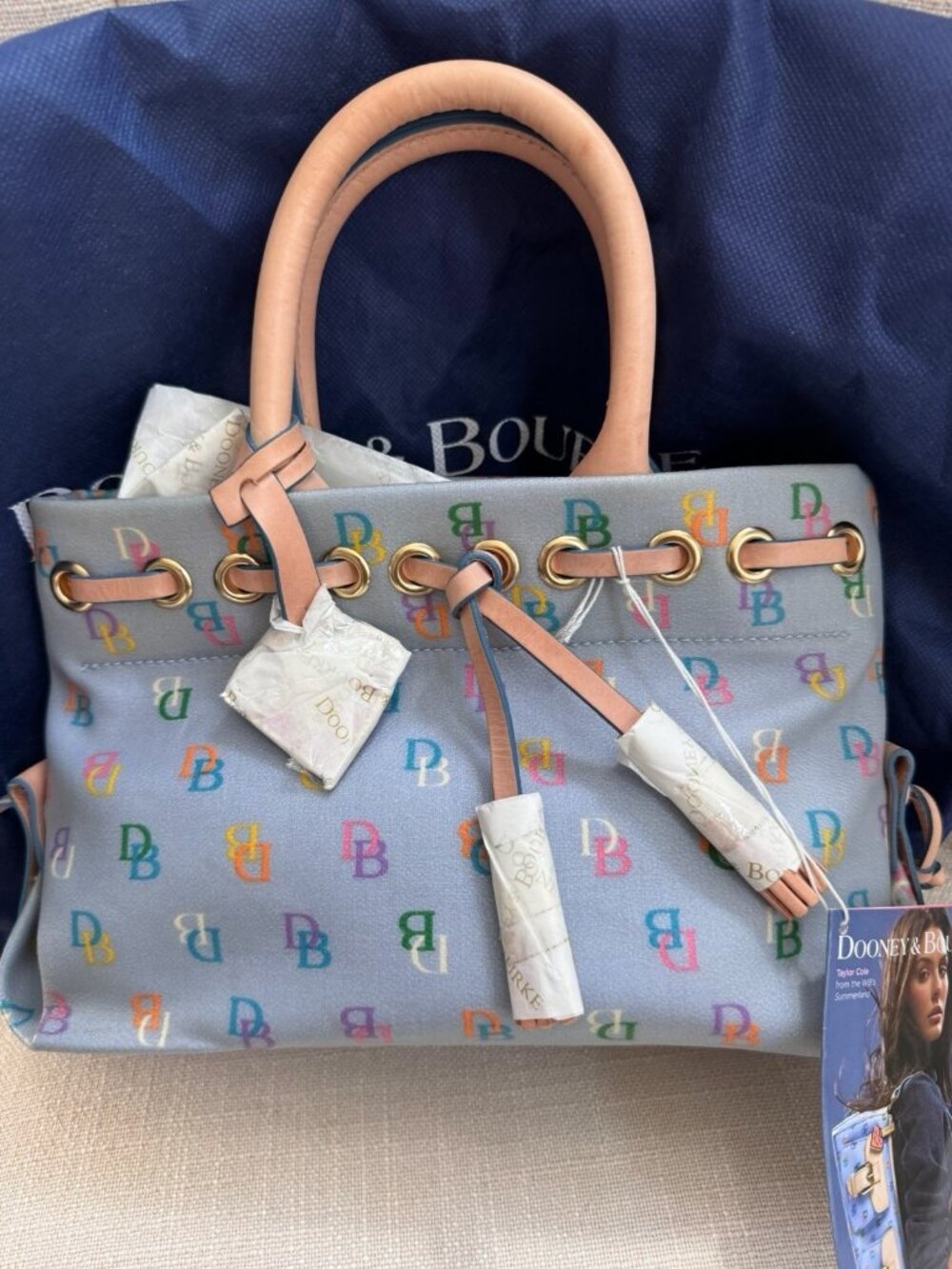 VTG NWT Dooney & Bourke Y2K Blue Rainbow Monogram Satchel Vachetta Leather Trim - Picture 4 of 16